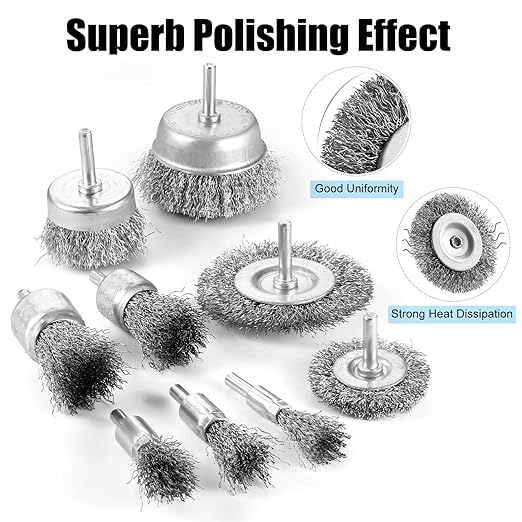 Wire Brush for Drill Set, 9Pcs Cup, Wheel & End Brush Kit with 1/4” Shank, Carbon Steel Drill Brush Attachments for Rust Removal, Stripping, and Abrasive