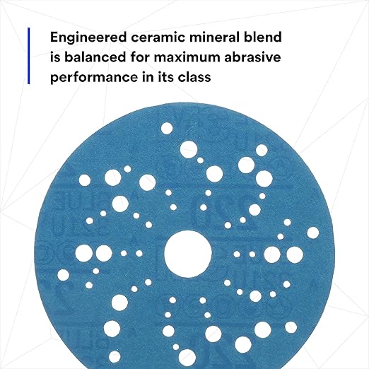 3M Hookit Blue Abrasive Discs 36162, Multi-Hole, 5 in, 220+ Grade, Pack of 50, Virtually Dust-Free, for Auto Sanding, Body Repair, Featheredging, Primer Sanding, Paint Preparation, E-Coat Sanding