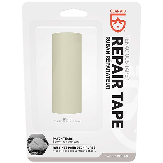 GEAR AID Tenacious Tape 3”x20” Fabric and Vinyl Gear Repair Tape, Quickly Fix Holes and Rips in Puffy Jackets, Rain and Snow Gear, Tents, Sleeping Bag and More, Off-White, 1 Pack