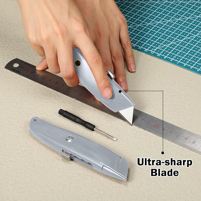 Reginary 20 Pcs Box Cutter Bulk Retractable Utility Knife Heavy Duty Aluminum Alloy Razor Knife for Cardboard Box Carton Opener for DIY, Factory, Home Office(Silver)