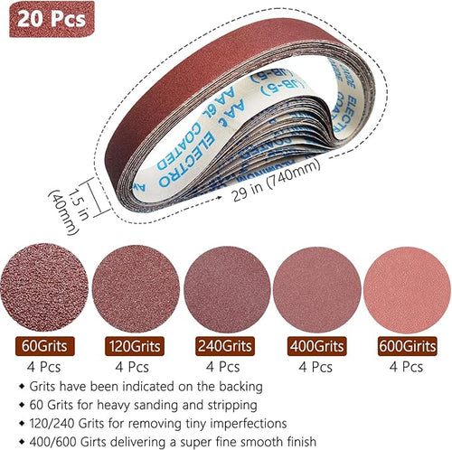 20 Pcs 1-1/2 x 29 Inch Sanding Belts,4 Pcs Each of 60/120/240/400/600 Grits Sanding Belt for Pipe Sander Adapter,740 x 40 mm Sanding Belts for Pipe or Tube Sanding Attachment.