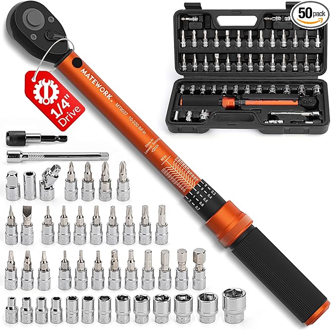 50PCS Inch Pound Torque Wrench Set, 1/4" Drive Bike Torque Wrench, 10-220 in.lb(1-24.7nm) Click Bicycle Torque Wrench 72-Tooth Ratchet with Bit Sockets, Adapters, for MTB, E-Bike, Motorcycle
