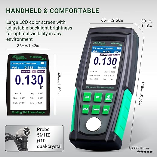 Ultrasonic Thickness Gauge Industrial-882 / Steel, Metals, Plastic, Glass, PVC, Pipes Thickness Gauge Meter – Range 0.039 to 8.85 inch| 2.4” HD Color LCD | Auto Calibration (All matеrial)