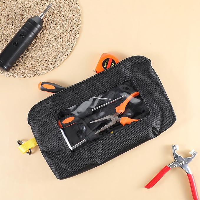 3 Pack Small Tool Organizer Bag, 1680D Oxford Tool Pouch with Zipper, Clear Window Tools Bag Organizer, Heavy Duty 13 x 7.5 x 2 in Tools Pouches for Electricians