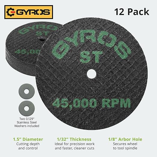 GYROS Cut-Off Wheels for Rotary Tools – 1.5” Super-Tensile Fiberglass Reinforced, 12-Pack | Ideal for Stainless Steel, Titanium, Nickel, Carbon & Chrome Alloys | Made in USA 11-41502/12