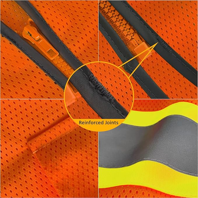 TCCFCCT Mesh High Visibility Vest with 2 Pockets & Reflective Strips, Meets ANSI/ISEA Standards, Orange, XL