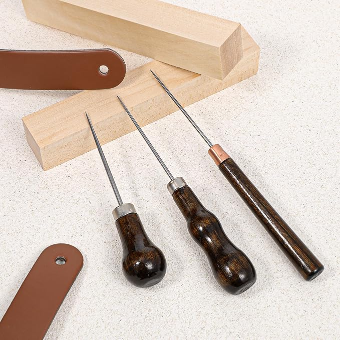 3 Pack Scratch Awl Tool, Wooden Handle Scratch Awl Leather Awl Punch Tool for Leather Punch Hole Craft DIY Handmade Pin Punching Needles