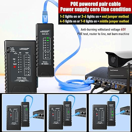 NF-468CS Network Cable Tester,RJ45/RJ11/CAT5/CAT6/CAT5E/CAT6A/ CAT7/POE Test UTP/STP Continuity Tester Ethernet Cable Mapper Phone Line CAT3, Ethernet Cable Tester, LAN Cable Test Network Tools