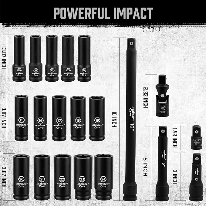 HORUSDY 1/2" Drive Impact Socket Set, 20 Pcs Metric (10mm - 24mm) Deep Socket Set, 6 Point, Cr-V, Includes 1/2-Inch Drive Ratchet Handle, Extension Bar, Universal Joint and Adapter