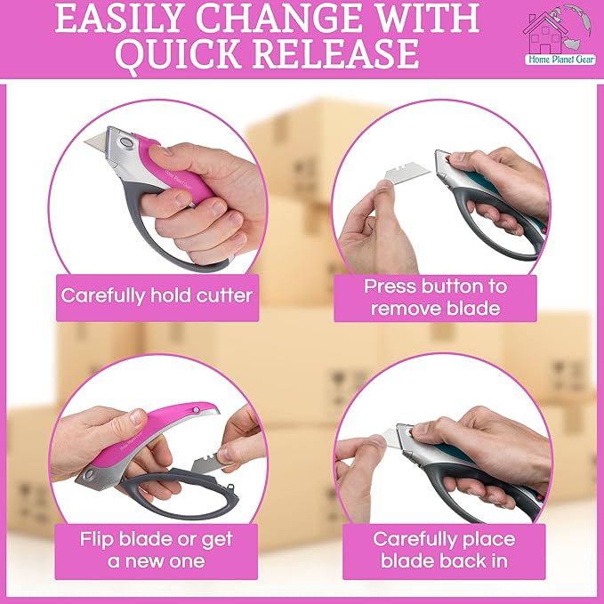 Pink Box Cutter Retractable Utility Knife - Two Pack Heavy Duty Cardboard Carton Cutter Opener Retracting - with 5 Sharp Utility Razors