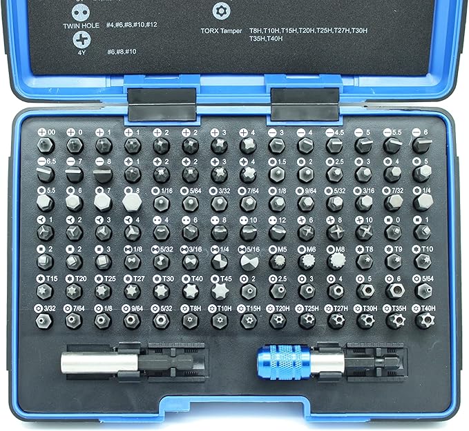 100 Piece Impact Ready Security Bits Screwdriver Set Kit with 2 Quick Chucks and Phillips, Torx, Slotted Flat, Pozi, Hex, Tri-Wing Pozi Clutch, Spline, Square, Spanner, TORQ-Set, Torx Tamper Bits