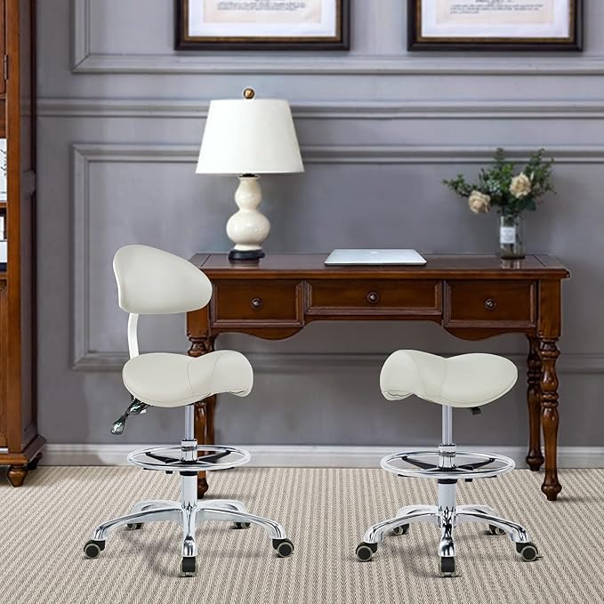 Grace&Grace Ergonomic Rolling Saddle Stool Chair with Wheels Adjustable Swivel Stool with Back and Footrest Heavy Duty for Esthetician, Artist, Dental, Medical, Spa, Salon, Cutting, Home Office