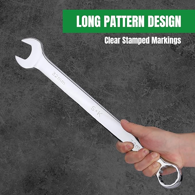SK Long Pattern Combination Wrench Set, Metric 25 to 32mm, 6-Piece, SuperKrome Finish, Premium CR-V Construction, with Rolling Pouch