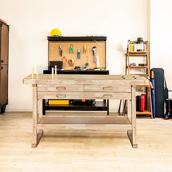 Olympia Tools 60-Inch Rubber Hardwood Workbench with 4-Drawers - 450lbs Weight Capacity Heavy Duty Portable Wood Work Bench Table for Garage, Workshop, Home Storage - Woodworking Wooden Workbenches