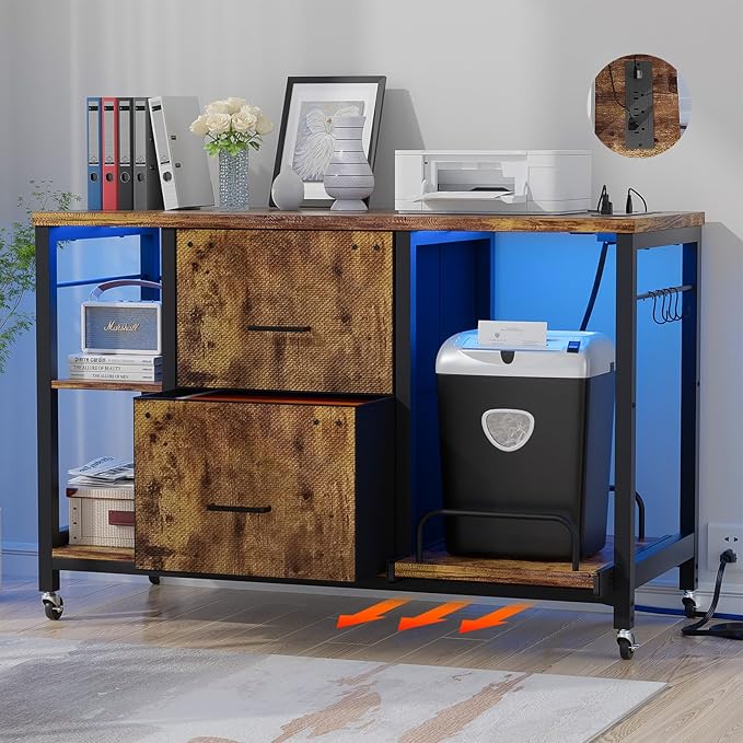 2 Drawer Lateral File Cabinet with Shredder Stand, Rolling Office Filing Cabinets with Outlet and LED Light, Printer Table with Storage, Home Office Cabinet for Letter Legal Size, Rustic