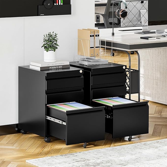 STANI 3 Drawer Mobile File Cabinet with Lock Rolling Mobile File Cabinet Locking Office Mobile Cabinet with Wheels Under Desk Office Drawers Metal Filing Cabinet Fully Assembled