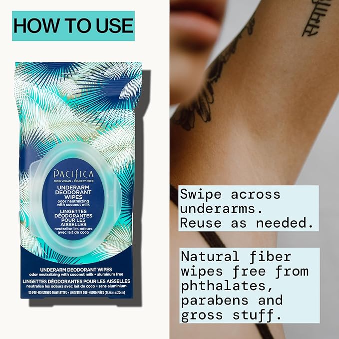 Pacifica Deodorant Wipes - Coconut Milk Underarm & Full Body Deodorant Wipes - Removes Sweat & Oil - Aluminum-Free - Natural Feminine Odor Control Clean Vegan & Cruelty-Free Dermatologist Tested