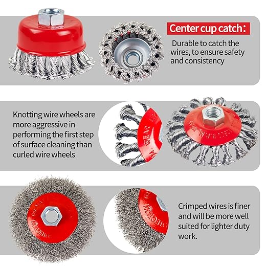 Wire Wheel Brush for 4-1/2" Angle Grinder 4 Inch Wire Wheel Set 3 Inch Wire Cup Twisted/Crimped Brushes 5/8"-11 Threads Arbor - 4pcs