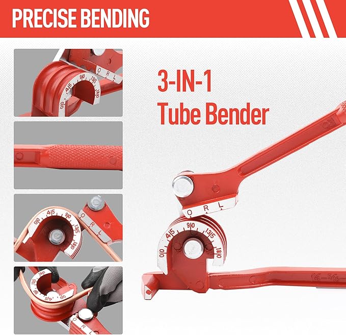 Tube Bender 3-in-1 Tubing Pipe Bender for Soft Copper, Aluminum, Metal, Pipe Bender 180° (1/4" 5/16" 3/8" Red)