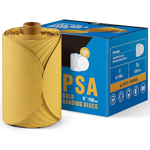 S SATC Premium Gold Sandpaper 6 Inch 100 PCS Sanding Discs 150 Grit Self Adhesive Stickyback Sandpaper Roll Aluminum Oxide PSA Sandpaper Discs for Wood, Metal, and Car Paint