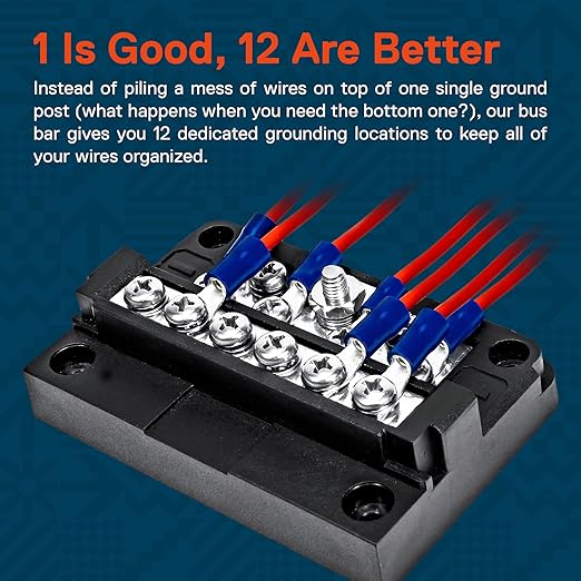 True Mods 12-Way Modular Ground Terminal Block [Expand with Up to 12 Fuses] [Protective Cover] [Copper Bus Bar] Negative Power Distribution Busbar for Truck Marine Boat Automotive Motorcycle UTV ATV