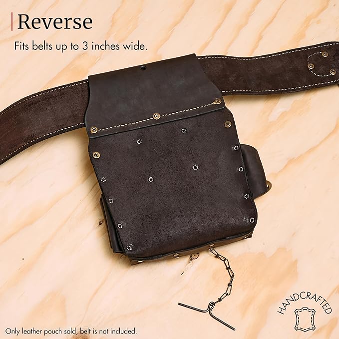FESA Leather Electrician Tool Pouch - 13-in-1 Top Grain Leather Electrician Pouch w/Steel Hammer Loop, Tape Measure Clip, Tape T-Chain & 6 Pockets - Fits Belts up to 3" - Handcrafted