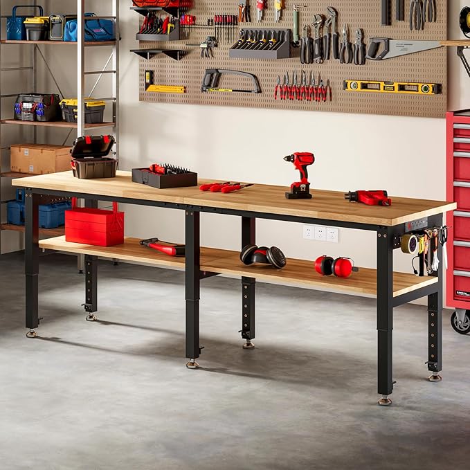 SPECRAFT Adjustable 2-Tier Workbench with 4 AC Outlet and 2 USB Ports Power Outlets, 2000 Lbs Capacity Heavy Duty Workbench, Rubber Wood Top for Garage, Workshop, Office（96x20in）