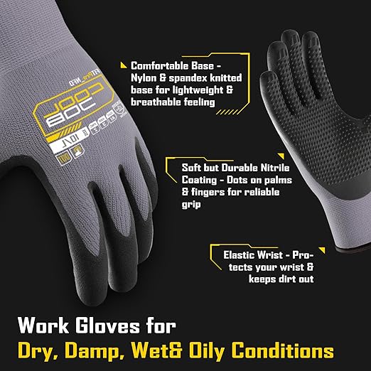 COOLJOB 6 Pairs Nitrile Rubber Coated Nylon Safety Work Gloves Pack Bulk, Dotted for Non-Slip Grip, Breathable Soft Seamless Knit Nitrile Dipped Gloves for Warehouse, Home Improvement, Yard, Xlarge