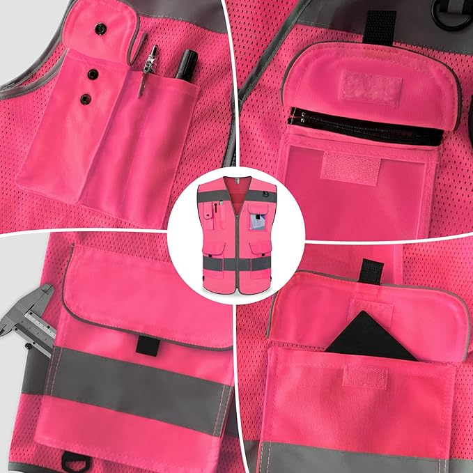 TCCFCCT Mesh Safety Vest for Men Women 9 Pockets High Visibility Reflective Vest for Safety, Work Vest with Reflective Strips, Meets ANSI/ISEA Standards, (Pink, X-Large)