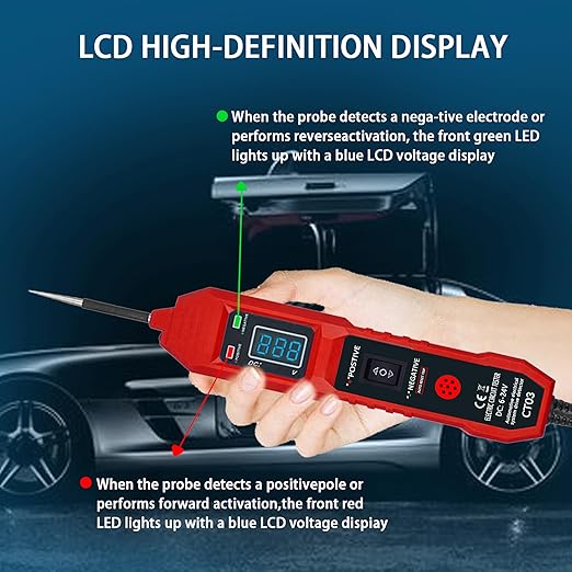 CT03 Power Circuit Tester, 6-24V DC Test Light Short Circuit, Automotive Component Electrical Polarity Identify Continuity Tester, Overload Protection