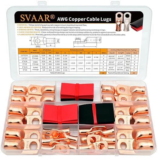 Copper Lugs kit 1/0 Gauge 2 Gauge 6 Gauge Battery Cable Lugs 5/16" and 3/8" Stud Ring Terminals Heavy Duty 0 2 6 AWG Wire Lugs 28 PCS Battery Cable Ends Wire Connectors with 28 PCS Heat Shrink Tubing