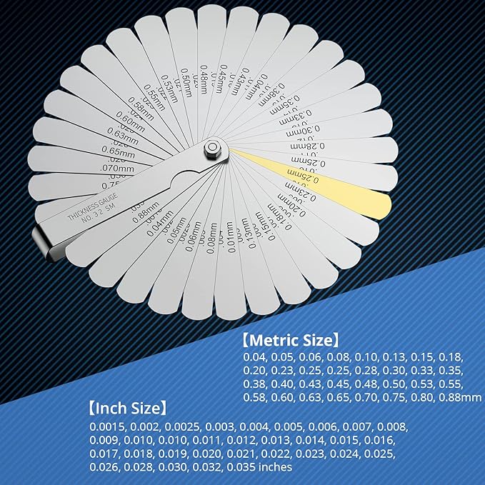 CAMWAY 2Pcs Feeler Gauge Set Steel Metric/Inch 32 Straight Blade Steel Feeler Gauge+16pcs Feeler Gauge 45º Blades Offset for Measuring Gap Width Thickness Valve Spark Plug Gaps Measuring Tools