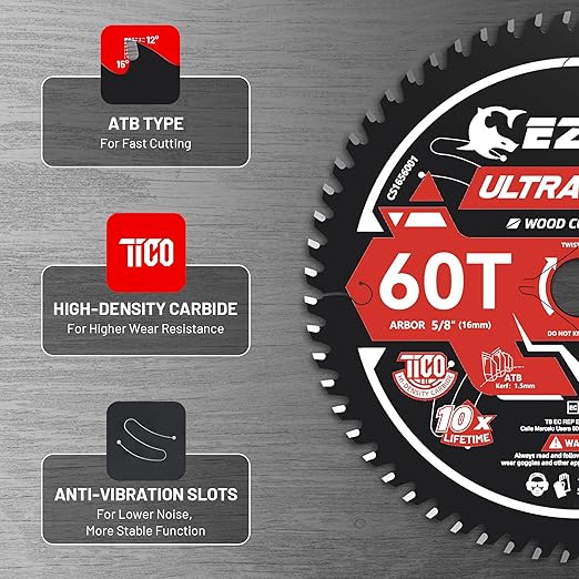 EZARC 6-1/2 Inch Circular Saw Blades 60T - Ultra Finish Wood Cutting Blade, Ultra-Thin 1.5mm Kerf, Non-Stick Coating, 2 Pack