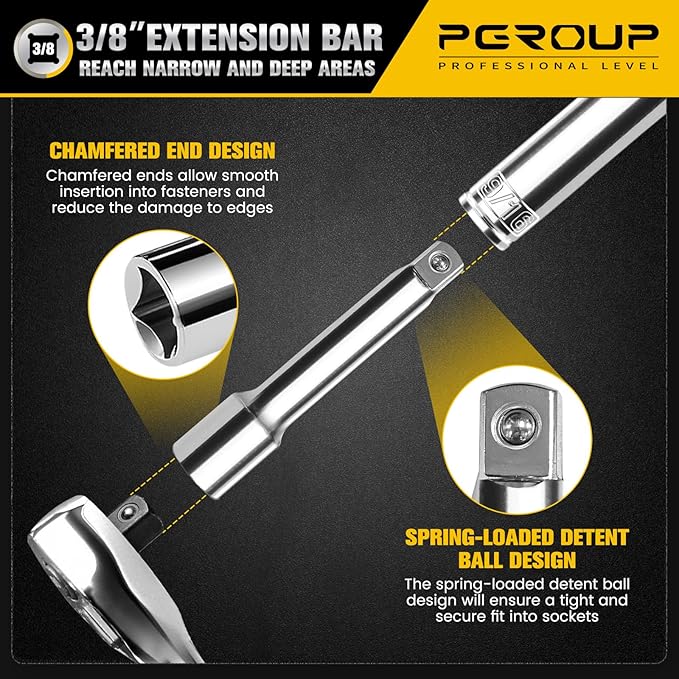 3/8-Inch Drive Ratchet Wrench, 90-Tooth Quick-release Reversible Ratchet Wrench with an Extension Bar(3 inch), 6" Long Socket wrench, 4-Degree Swing, Full Polished,Cr-Mo Head For Gifting,Repairing