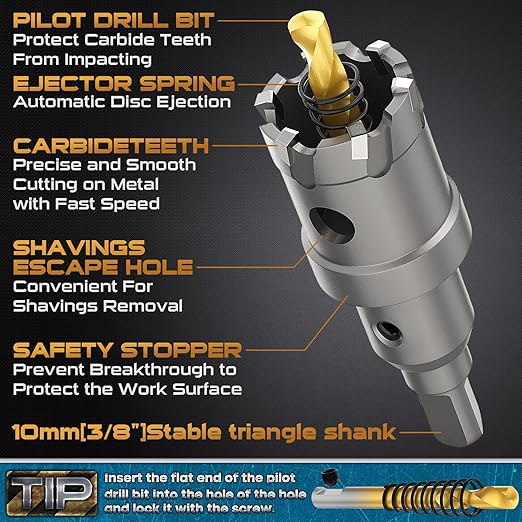 DAIMIT Hole Saw for Metal - Tungsten Carbide Tipped 1" Inch(25.5mm) Hole Cutter with Pilot Drill Bits for Stainless Steel, Iron, Copper, Brass - Heave Duty Hole Saw for High Precision Cutting