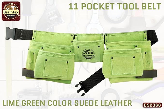 Graintex DS2366 11 Pocket Lime Green Color Suede Leather Tool Belt/Tool Bag/Work Apron, 2 Hammer Loop, Adjustable Belt | Construction, Carpenter, Roofing, Drywall, Electrician, Gardening, DIY