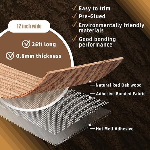 GSCIT Club Red Oak Wood Veneer, 12 inch x 25ft Wood Edge Banding Pre-glued Flexible, Veneer Tape Banding for Cabinet Repair Furniture Restoration