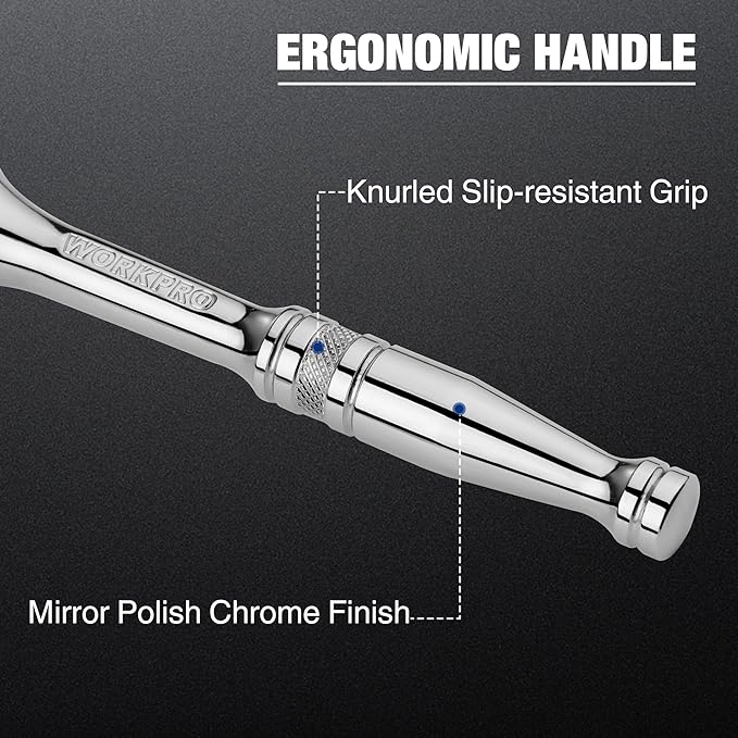 WORKPRO 1/2-Inch Drive Ratchet, Quick-Release Reversible Ratchet Wrench, 72-Tooth 1/2 Drive Ratchet Handle, Chrome Alloy Made, Cr-Mo Head, Full Polished