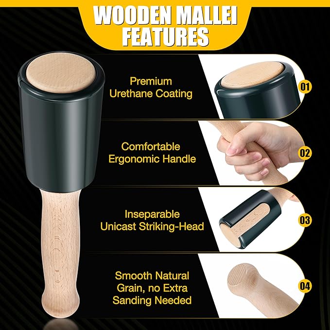 Precision 15oz Wood Carving Mallet for Woodworking, Ergonomic Wooden Handle Reduces Hand Fatigue, Non Marring Urethane Head Protects Wood Carving Chisels, Wooden Mallet