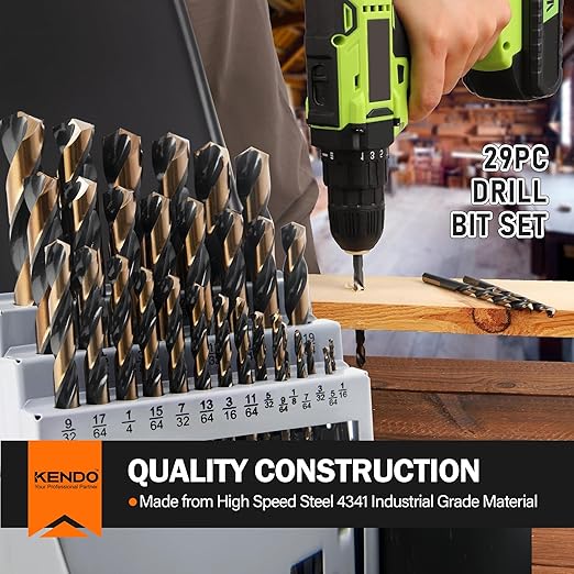 KENDO 29PC Drill Bit Set, 1/16"-1/2" Size 135° Tip HSS with Black and Gold Finish with Storage Case, Twist Jobber Length Drill Bit Kit for Cast Iron, Hardened Metal, Stainless Steel, Plastic and Wood