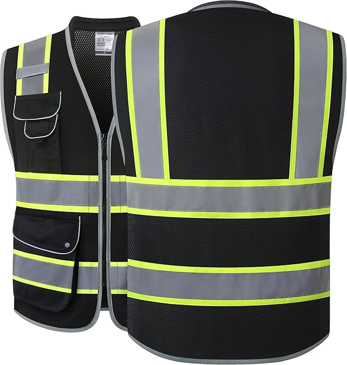 JKSafety 9 Pockets Hi-Vis Black Safety Vest for Men Women High Visibility Reflective Construction Mesh Fabric Cushioned Collar Work Utility PPE Work Gear ANSI/ISEA compliant(101-Black XXL)