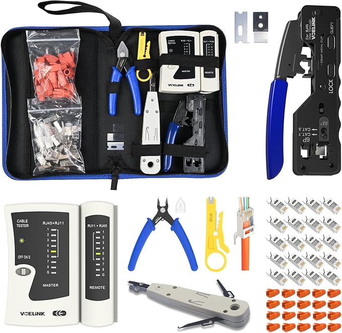 VCELINK RJ45 Crimp Tool Kit for Cat6/Cat7, All-In-One Network Crimper with RJ45 Cat6a/Cat7 Pass-Thru Connectors, Network Cable Tester, Wire Stripper, rj45/rj12/rj11 DIY Repair Set