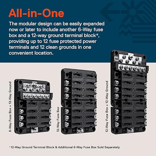 True Mods 6 Way Blade Fuse Box for Automotive [ATC/ATO Blade Fuses] [100 Amp][LED Indicator] [Modular Design] [12V - 30V DC] Auto Marine Fuse Block
