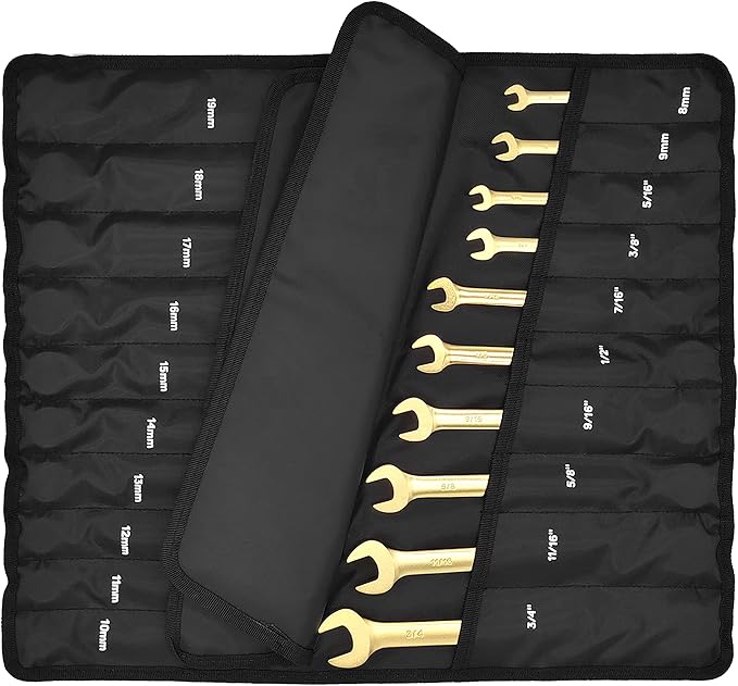 20 Pc. 6-Point SAE, Metric 15° Offset Vintage G-Plating Reversible Non-Slip Long Pattern Ratcheting Combination Wrench Set (5/16" -3/4" & 8-19 mm)