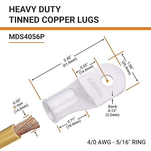 SELTERM 5pcs 4/0 AWG 5/16" Stud Tinned Copper Wire Lugs, Battery Lugs, Ring Terminals, Battery Cable Ends, 0000 Gauge Ring Terminal Connectors, UL Marine Grade Electrical Battery Terminal Connectors
