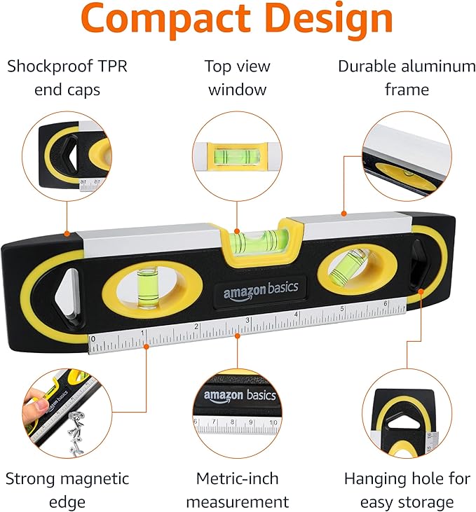 Amazon Basics 9-Inch Magnetic Torpedo Level and Ruler, 180/90/45 Degree Bubbles, Black