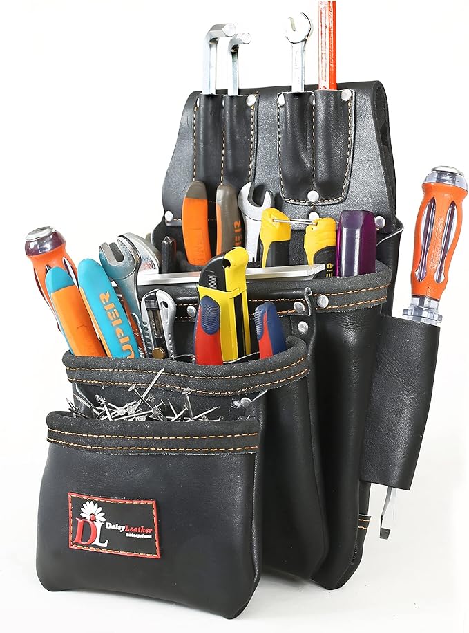 Daisy Leather PRO DL-101 Oil tanned Premium 25 pockets Heavy duty Tool Belt, Carpenter belt Pouch for Construction, Carpenter, Craftsman and Electricians workers, Black, X-Large