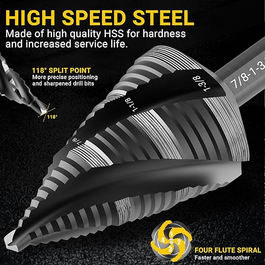 Four Spiral Flute Step Drill Bit, HSS Step Drill Bit 3/16"-1-3/8" (19 Steps) Unibit Step Drill Bit, 1/4" Shank Step Bits for Aluminum, Wood, Plastic, Metal