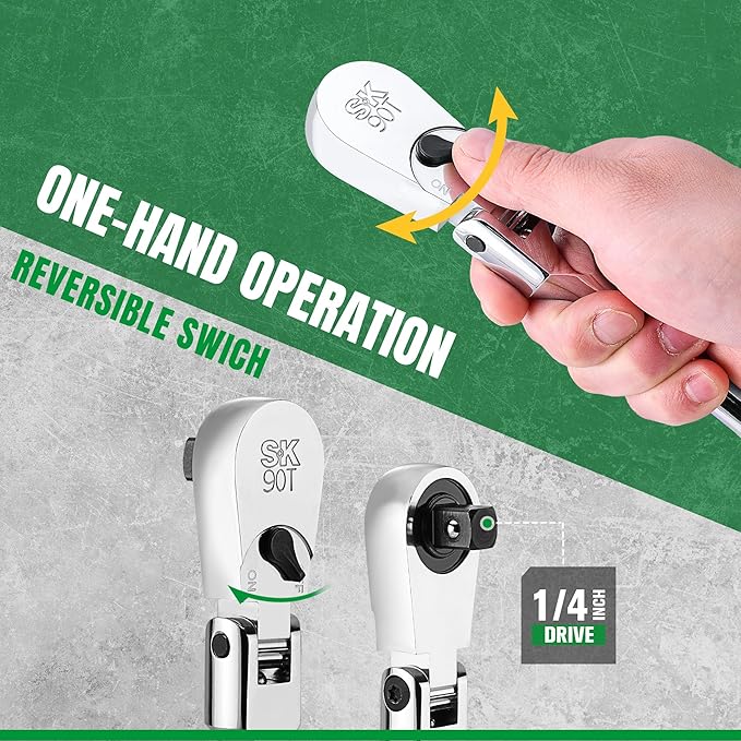 SK 1/4" Drive Flex Head Ratchet Handle, 90-Tooth Ratchet, Premium CR-V Construction, Reversible Design, with Contoured Handle
