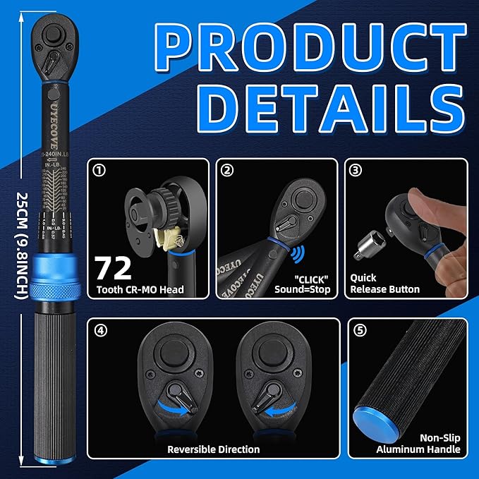 1/4 Inch Drive Click Torque Wrench 10-50 IN-LB,Dual-Direction Click Professional Torque Wrench 10-50IN.LB/1.1-5.7N.M, Dual Range Scales Graduated in FT.LB and N.M, Blue